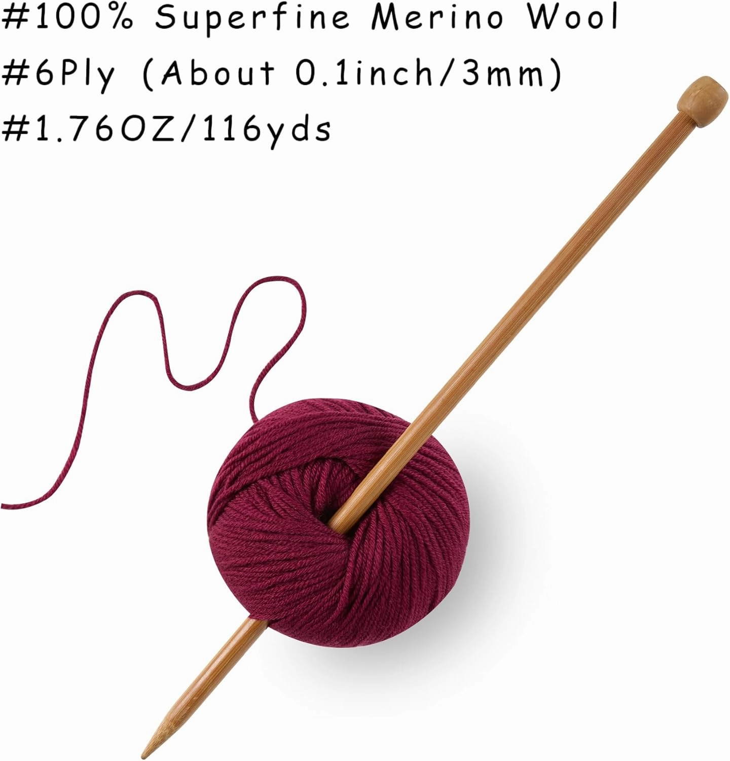 100% Merino Wool Yarn, 6-Ply Luxurious and Soft Yarn for Hand Knitting & Crocheting, 1.76 OZ/50g, 127 yds/116 Meters(Deep Red, 3 Balls)