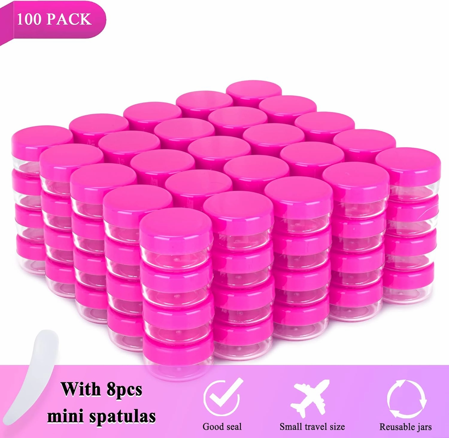 100PCS 10 Gram Sample Containers, 10ml Empty Jars with Lids, Small Cosmetic Containers, Mini Sample Jars with 8PCS Mini Spatulas for Make Up, Oils, Lotion, Powder, Paint, Jewelry, Lip Balms(Pink Lid)