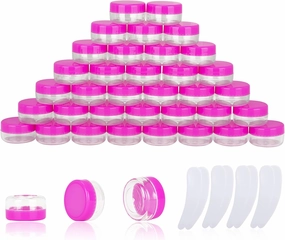 100PCS 10 Gram Sample Containers, 10ml Empty Jars with Lids, Small Cosmetic Containers, Mini Sample Jars with 8PCS Mini Spatulas for Make Up, Oils, Lotion, Powder, Paint, Jewelry, Lip Balms(Pink Lid)