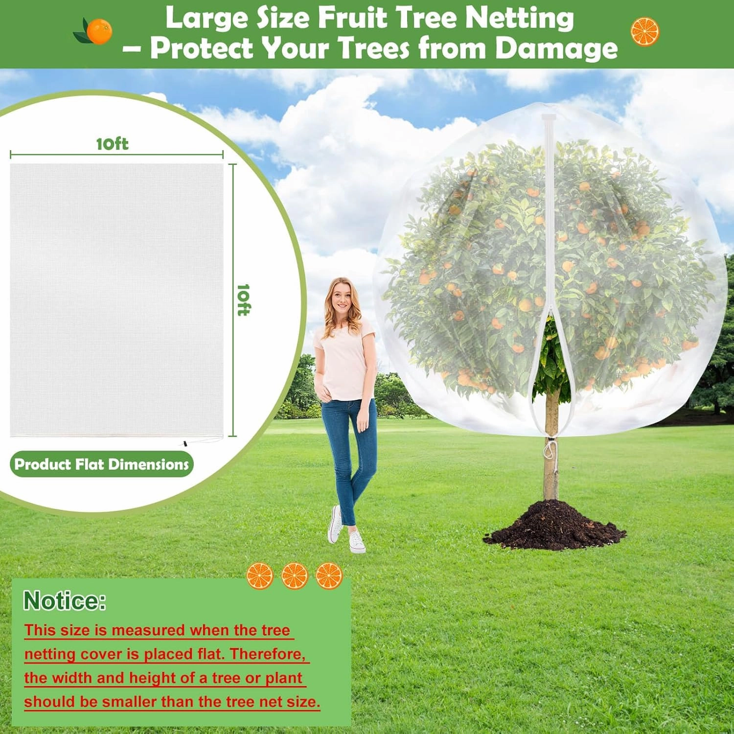 10x10 FT Fruit Trees Netting with Zipper,Large Tree Nets for Fruit Trees with Drawstring, Plant Garden Insect Bird Netting Pest Barrier for Peach Cherry Apple to Prevent Cicadas Bird