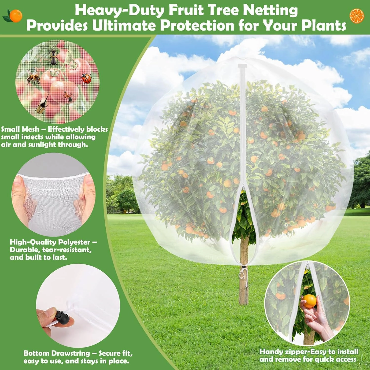 10x10 FT Fruit Trees Netting with Zipper,Large Tree Nets for Fruit Trees with Drawstring, Plant Garden Insect Bird Netting Pest Barrier for Peach Cherry Apple to Prevent Cicadas Bird