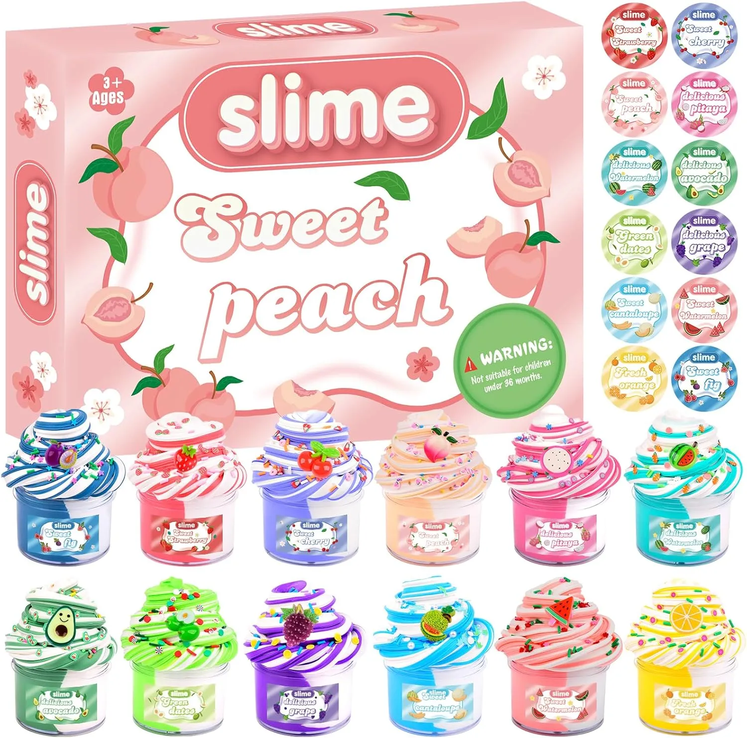 12 Packs Mini Fruit Butter Slime Kits for Kids, Cute Peach Colourful Box, 12 Fun Slime Charms, Great 6 Year Old Toy, Kids Educational Stress Relief Toy, Party Favour, Birthday Gift