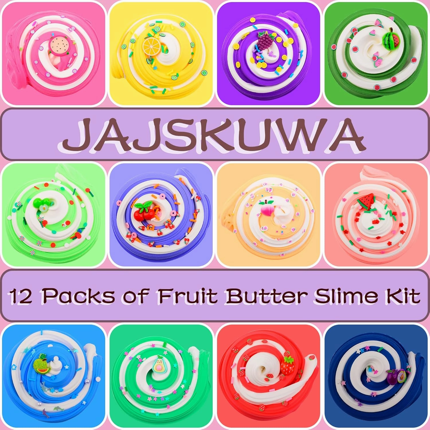 12 Pack Fruit Butter Slime Kits for Kids, with Watermelon, Lemon, Peach, Strawberry, Avocado and Cherry Charm,Cute Stuff for Girls Fragrant DIY Slime, Stress Relief Toys for Girls and Boys.
