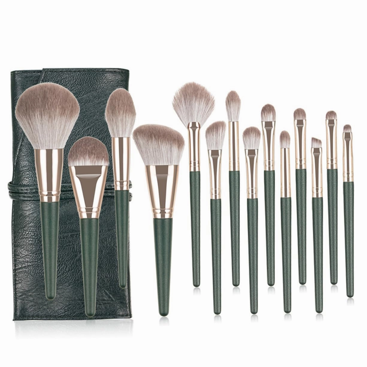 14pcs Makeup Brush Set with Green Wood Handles Powder and Foundation Brushes for Daily and Professional Use Includes Storage Pouch