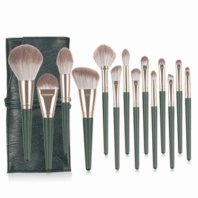 14pcs Makeup Brush Set with Green Wood Handles Powder and Foundation Brushes for Daily and Professional Use Includes Storage Pouch
