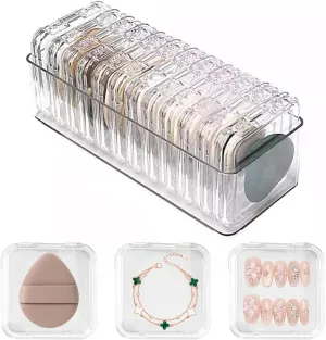 15 Pcs Powder Puff Organizer with Storage Box Makeup Sponge Protective Container Plastic Jewelry Box Transparent Storage Cases for Beauty Blender, Bracelets, Necklaces, Press-on Nails