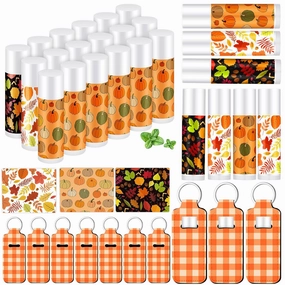18 Sets Fall Pumpkin Lip Balm Bulk and Orange Plaid Lipstick Holder Keychains Set Maple Leaf Lip Balm Gift for Thanksgiving Rustic Autumn Farmhouse Fall Party Supplies