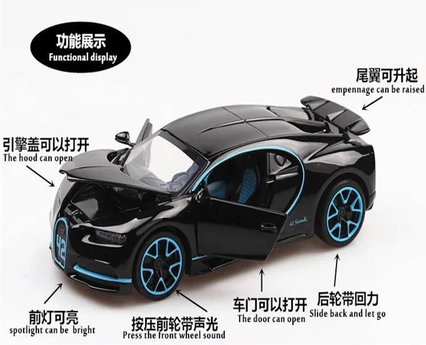 1 32 for Bugatti Chiron Alloy Sport Car Model Diecast Toy Metal Super Car Model Sound Light Collection Scale Vehicles Toys(Black)