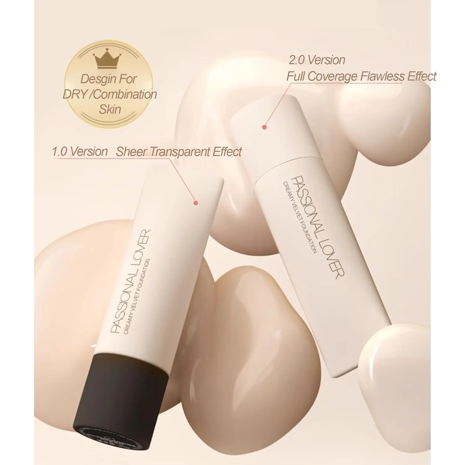 1PC PL Creamy Velvet Foundation Verion 1.0 / Version 2.0, Transparent/Full Coverage Foundation, Create Flawless Makeup Foundation For Dry & Dry Combination Skin (V2.0#00, 30g)
