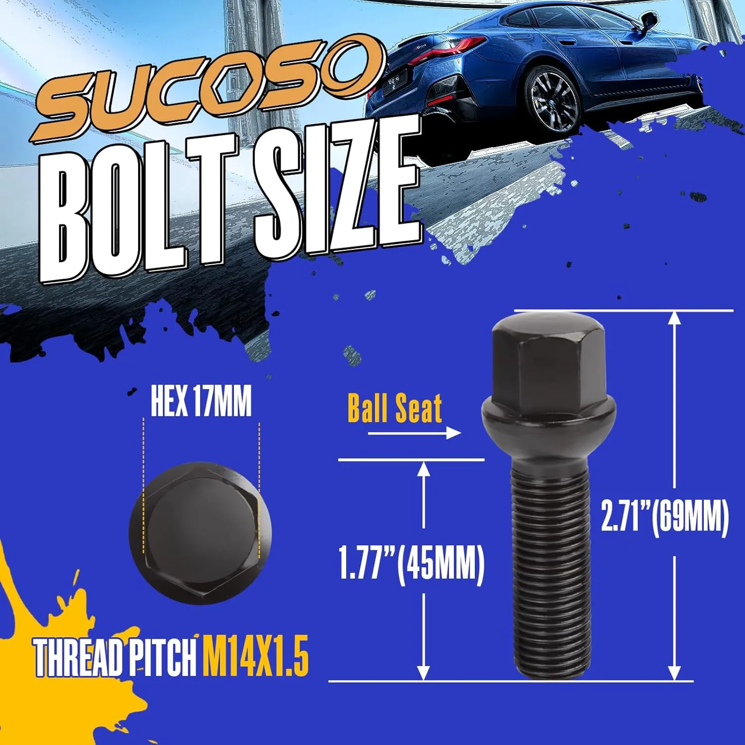 20PCS 14x1.5 Extended Lug Bolts with 45mm Shank Length Ball Seat, Aftermarket Black Wheel Lug Bolts for Spacers, Compatible A3 A4 A6 A8 S4 S6 S8 TT Jetta Allroad Volkswagen Quattro Golf Tiguan Passat