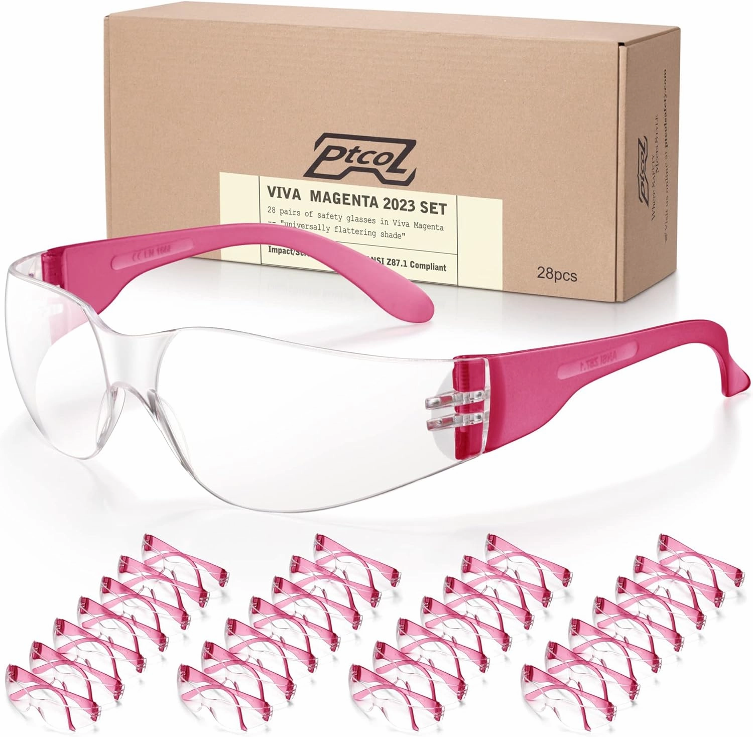 28 Pack Safety Glasses Viva Magenta (Bulk Pack of 24 4) Unisex Clear Anti-Scratch Protective Goggles Impact Resistant Lens Eyewear with ANSI Z87.1 Certified for Construction, Shooting and Laboratory