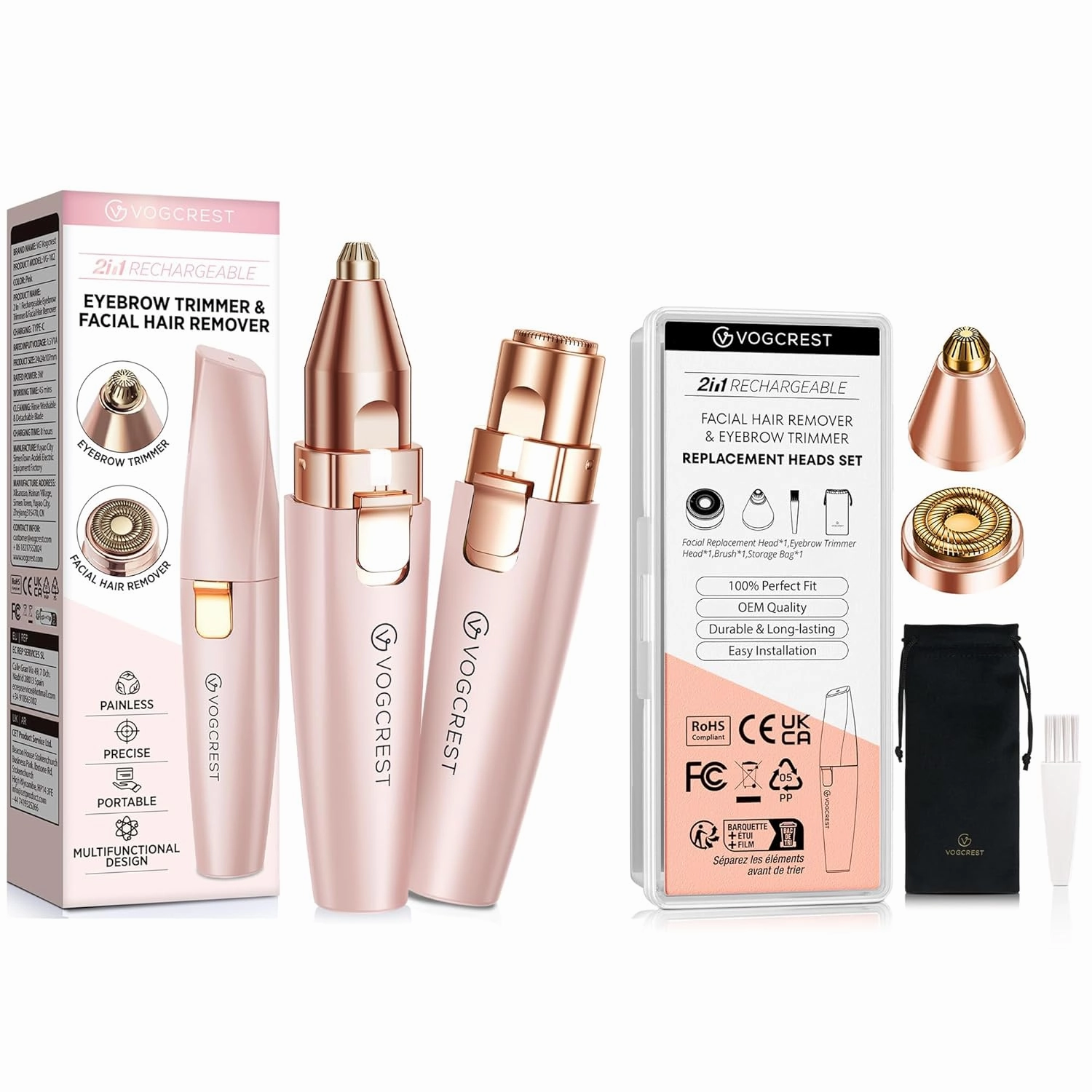 2 in1 Trimmer with Replacement Heads - Rechargeable Facial Hair Removal and Eyebrow Shaver - Face Lips Body Painless Facial Razor with Built-in LED Light (Pink)