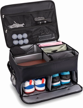 2 Layer Golf Trunk Organizer with Separate Ventilated Compartment for 2 Pair Shoes, Golf Accessories for Men with Multi-Pocket, Foldable Waterproof Car Trunk Locker for Balls, Tees