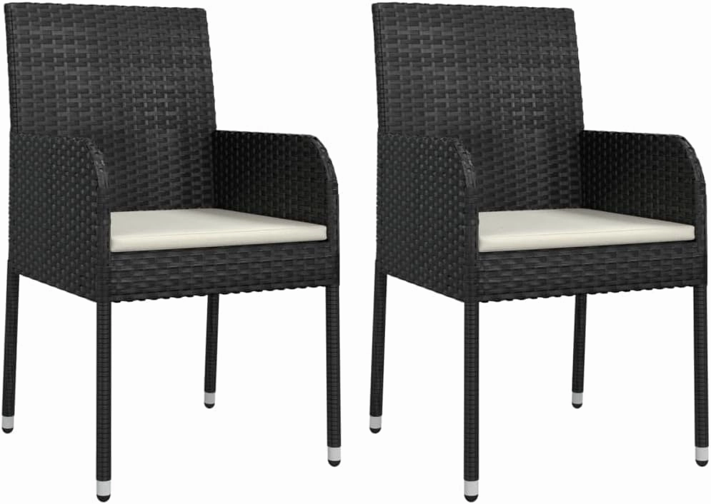2-Piece Black Poly Rattan Outdoor Patio Chairs with Cream Cushions, Weather-Resistant PE Woven Lounge Chairs for Garden Poolside Deck Backyard Porch