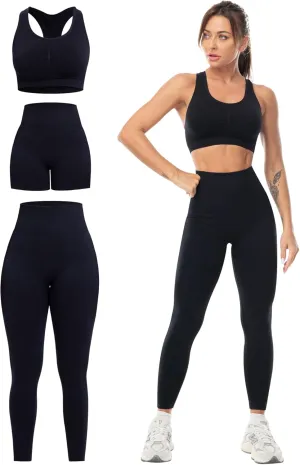 3 Piece Workout Sets for Women Butt Lifting Leggings with High Impact Sports Bra Gym Shorts
