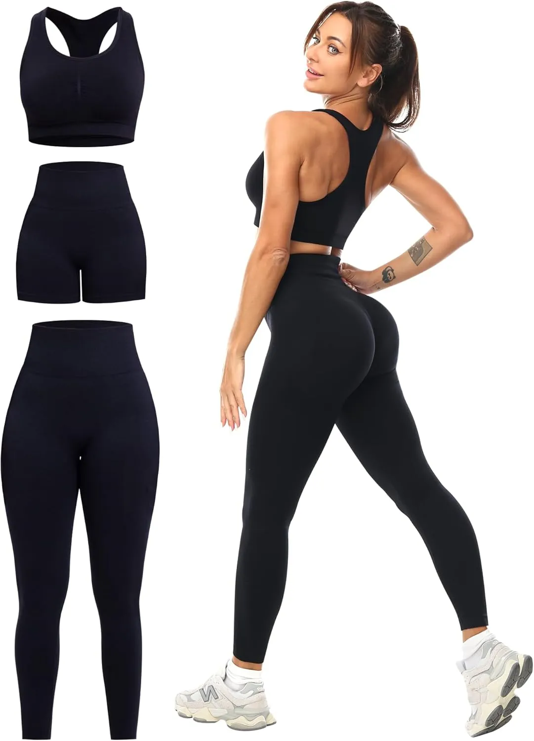 3 Piece Workout Sets for Women Butt Lifting Leggings with High Impact Sports Bra Gym Shorts