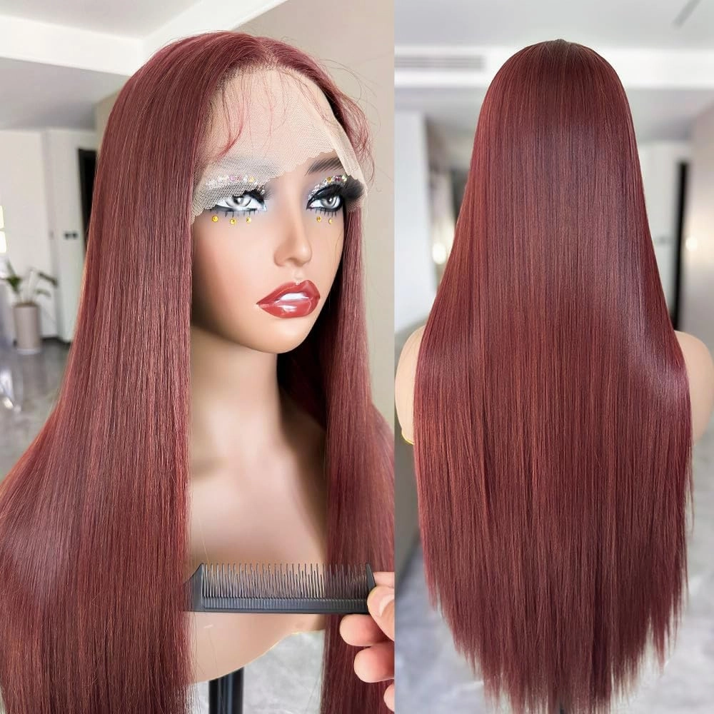 30 Inch Burgundy T-part Wig 13x5x1 Lace Front Wigs Silk No Human Hair Pre Plucked Ready to Wear Wine Red BUG Daily Wig For Black Women