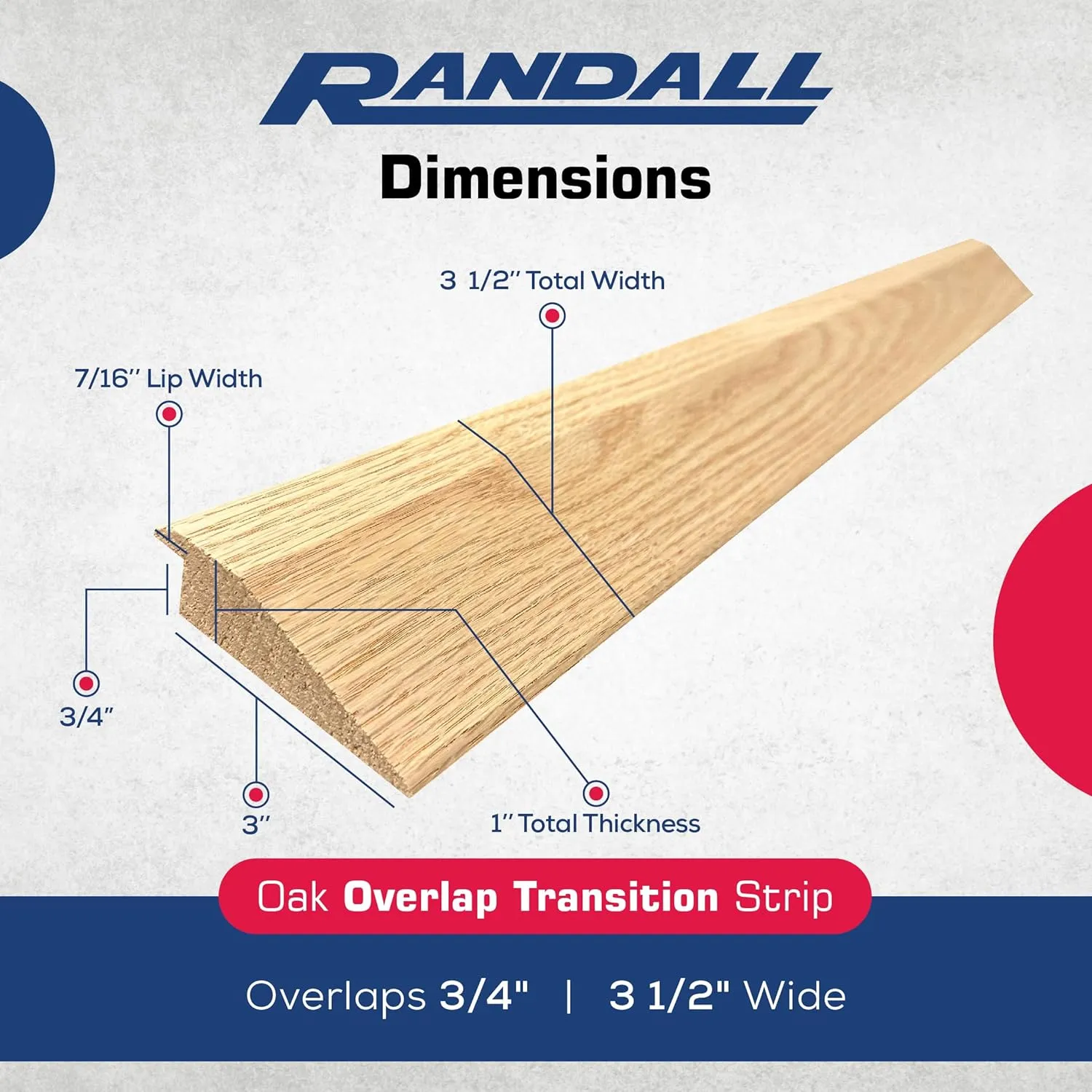 3/4" High Solid Oak Overlap | Overlaps and Transitions a 3/4" Height Difference | 3 1/2" Wide | Floor Transition | 4 Feet Long | Made in The USA