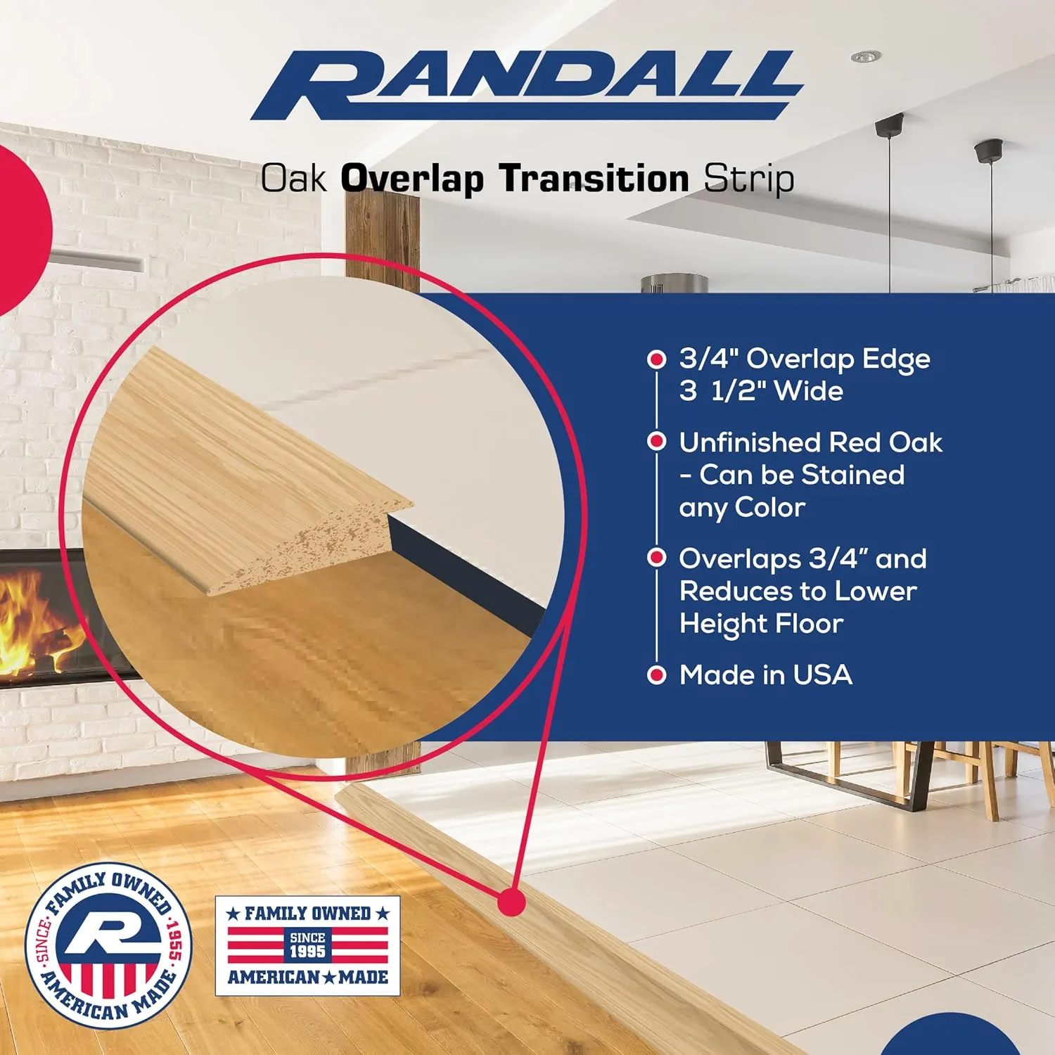 3/4" High Solid Oak Overlap | Overlaps and Transitions a 3/4" Height Difference | 3 1/2" Wide | Floor Transition | 4 Feet Long | Made in The USA