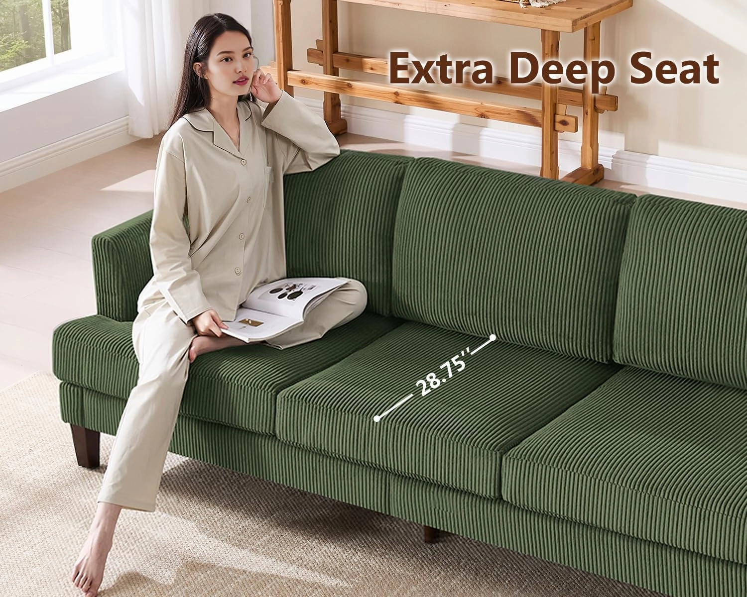 3 Seater Sofa Couch with Deep Seats, 89" Mid Century Modern Upholstered Sofa, Comfy Corduroy Sofas with Armrests, Couches for Living Room, Bedroom, Apartment and Office (Green)