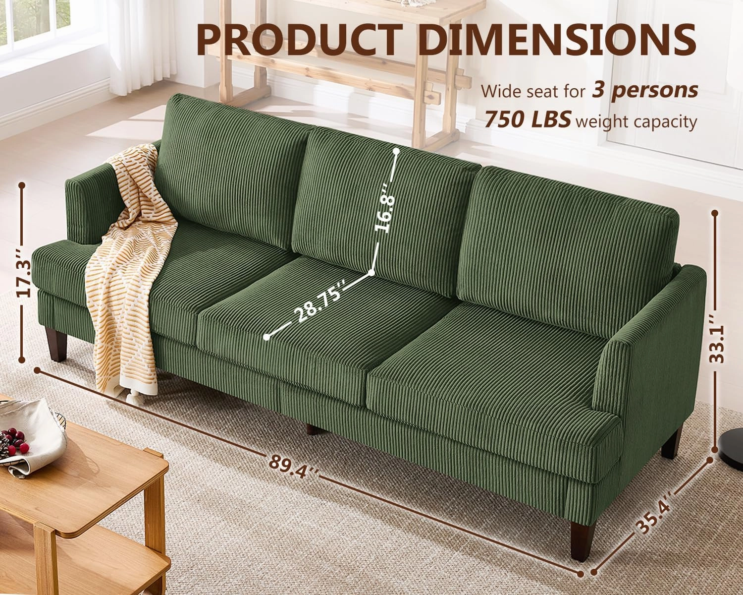 3 Seater Sofa Couch with Deep Seats, 89" Mid Century Modern Upholstered Sofa, Comfy Corduroy Sofas with Armrests, Couches for Living Room, Bedroom, Apartment and Office (Green)