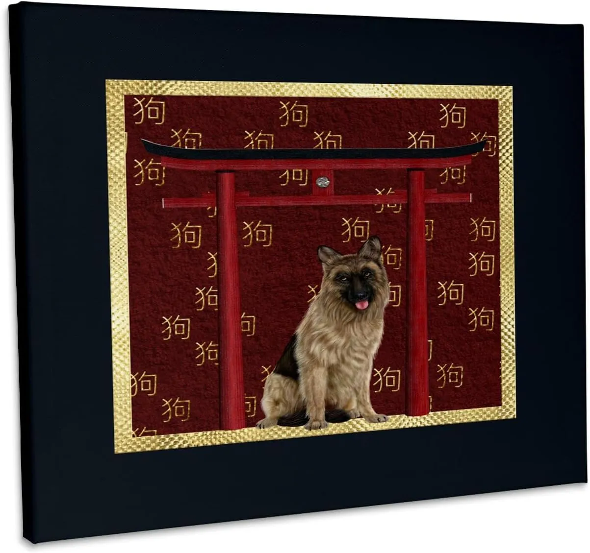 3dRose, German Shepard, Red Asian Arch, Scattered Sign of the Dog Design, Gold, Museum Grade Canvas Wrap 10x8