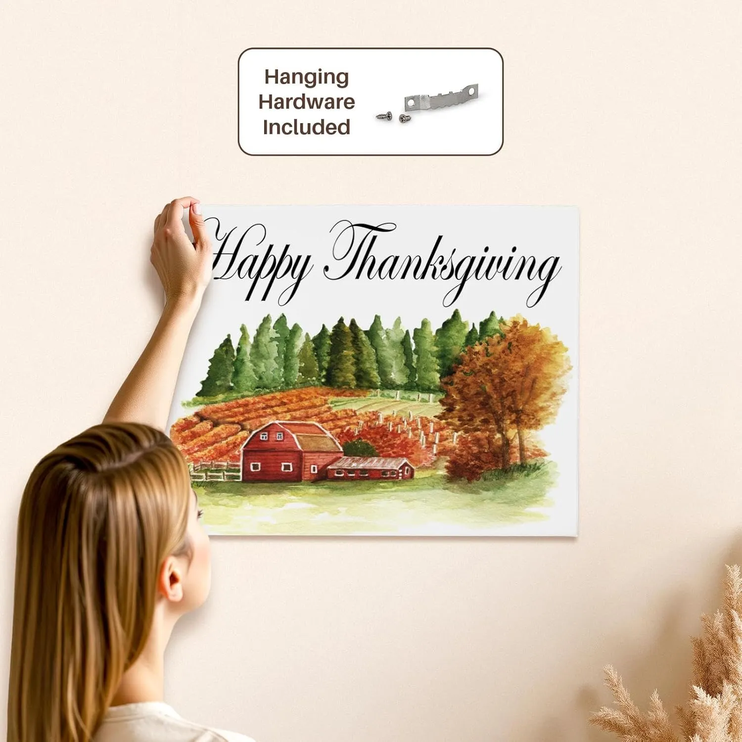 3dRose, Happy Thanksgiving With A Red Barn Fall Field Scene, Museum Grade Canvas Wrap 20x16
