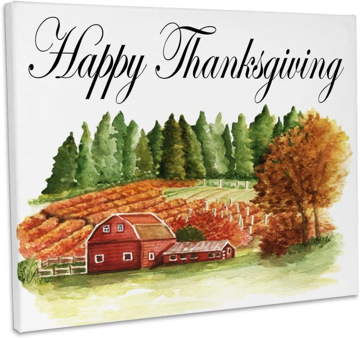 3dRose, Happy Thanksgiving With A Red Barn Fall Field Scene, Museum Grade Canvas Wrap 20x16