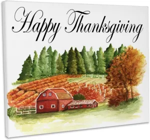 3dRose, Happy Thanksgiving With A Red Barn Fall Field Scene, Museum Grade Canvas Wrap 20x16