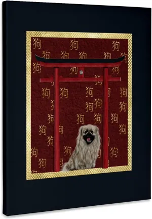 3dRose, Pekingese Dog, Red Asian Arch, Scattered Sign of the Dog Design, Gold, Museum Grade Canvas Wrap 11x14