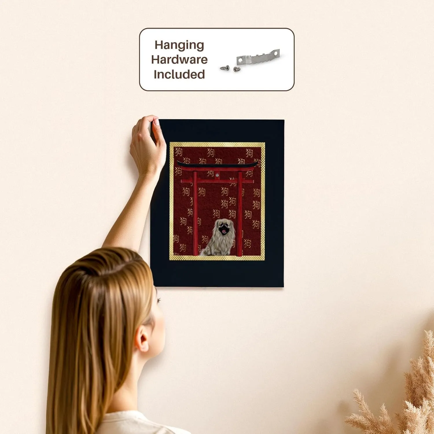 3dRose, Pekingese Dog, Red Asian Arch, Scattered Sign of the Dog Design, Gold, Museum Grade Canvas Wrap 11x14