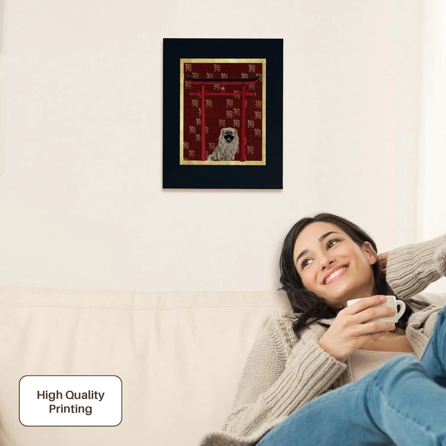 3dRose, Pekingese Dog, Red Asian Arch, Scattered Sign of the Dog Design, Gold, Museum Grade Canvas Wrap 11x14