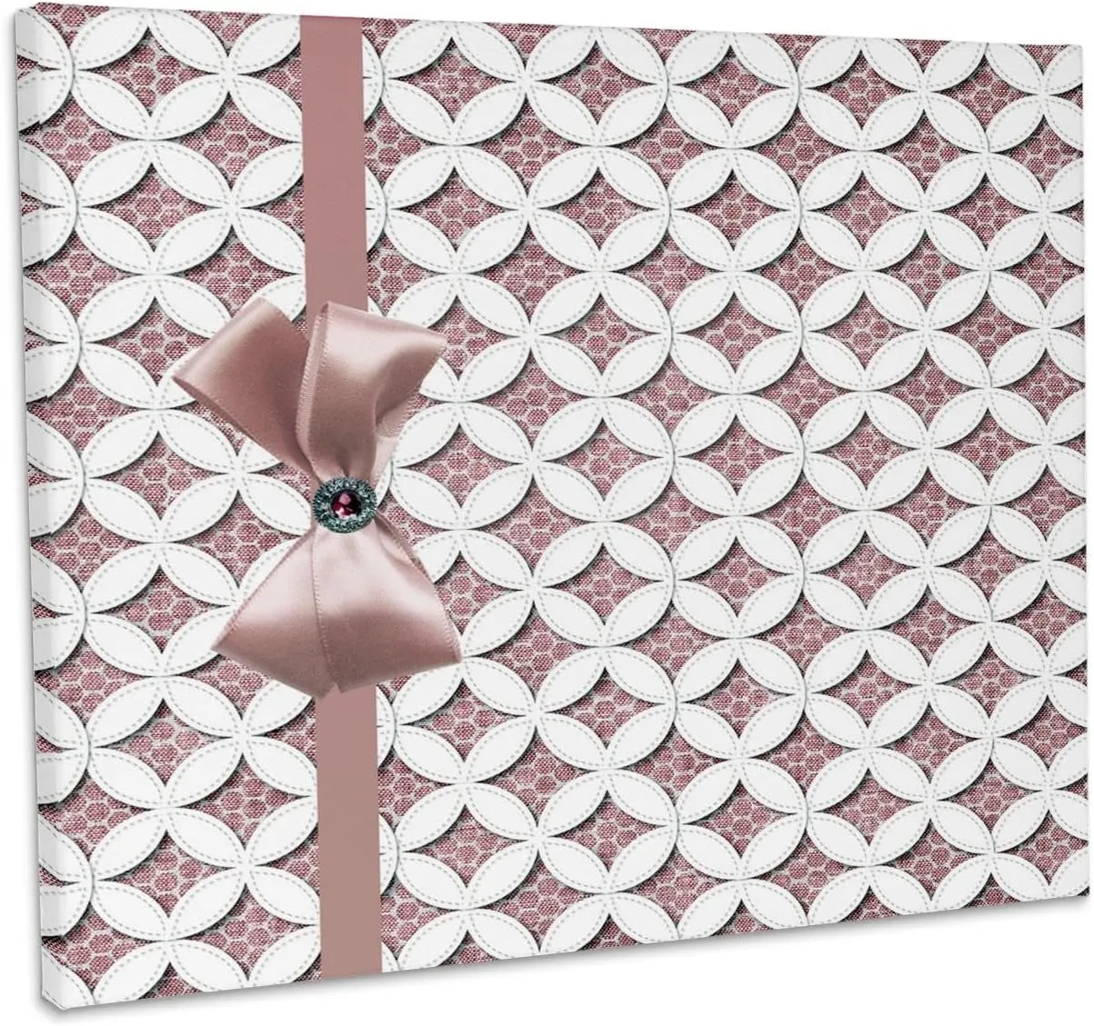 3dRose, Pink Cathedral Window Quilt Design with Ribbon, Bow, and Jewel, Museum Grade Canvas Wrap 20x16