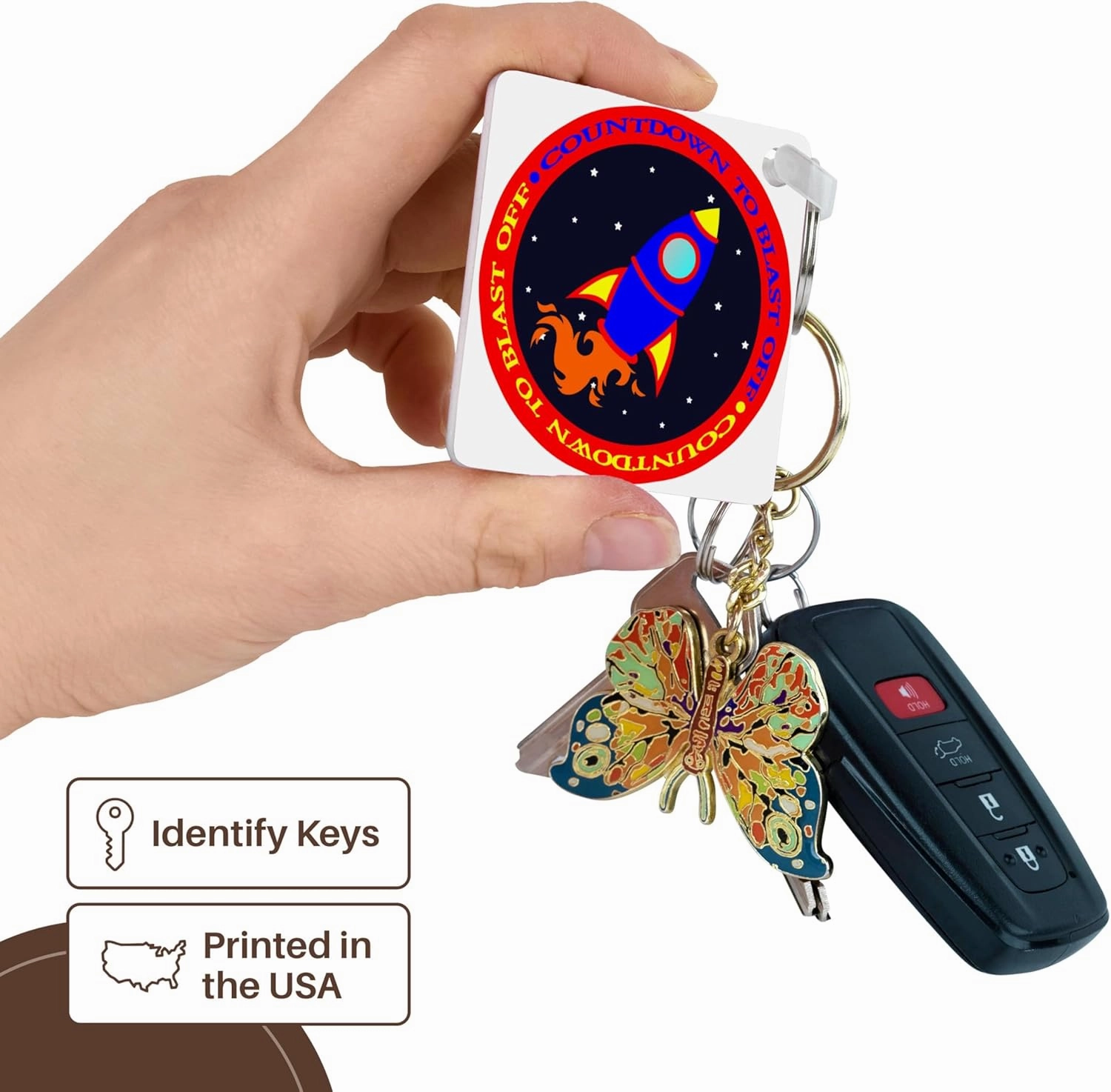 3dRose, Countdown to Take Off Cute Rocket Ship Red and Blue, Key Chain