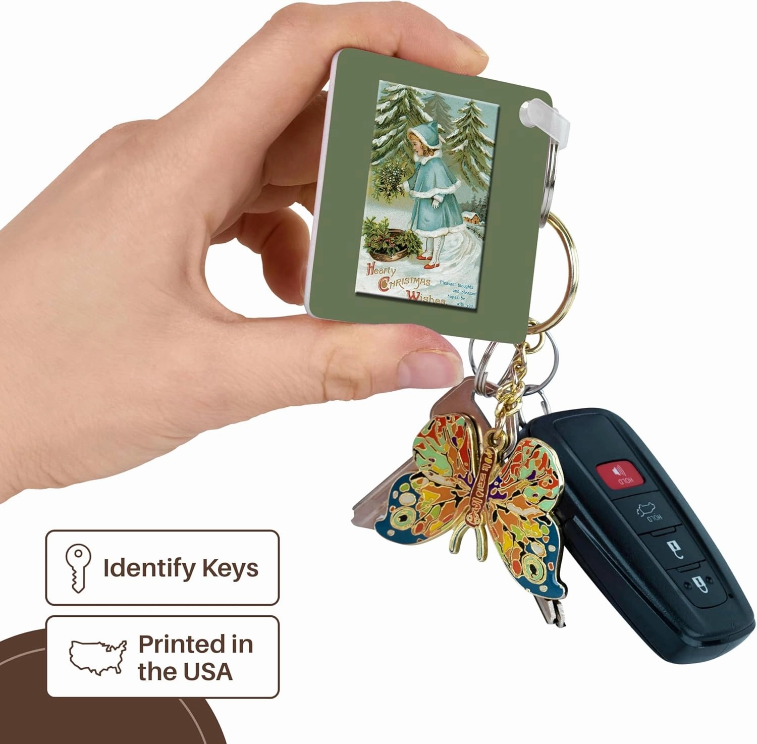 3dRose, Hearty Christmas Wishes Little Girl in Blue Filling a Basket with Holly and Pink in a winter scene, Key Chain