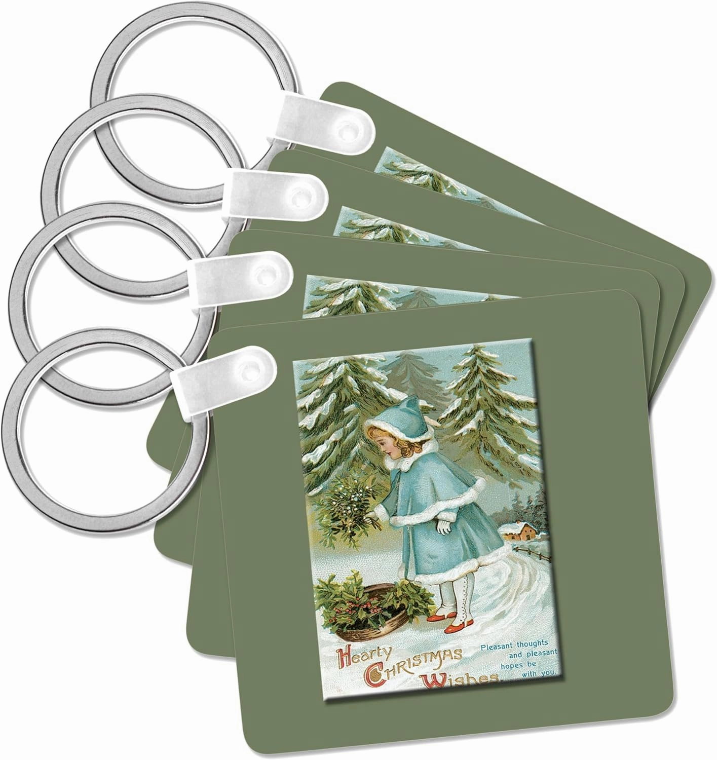 3dRose, Hearty Christmas Wishes Little Girl in Blue Filling a Basket with Holly and Pink in a winter scene, Key Chain
