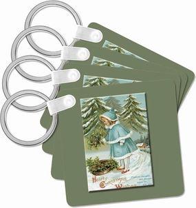 3dRose, Hearty Christmas Wishes Little Girl in Blue Filling a Basket with Holly and Pink in a winter scene, Key Chain
