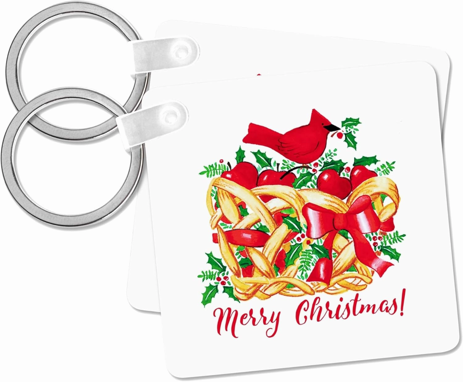 3dRose, Merry Christmas- Red Cardinal with Holly on Fruit Basket, Key Chain