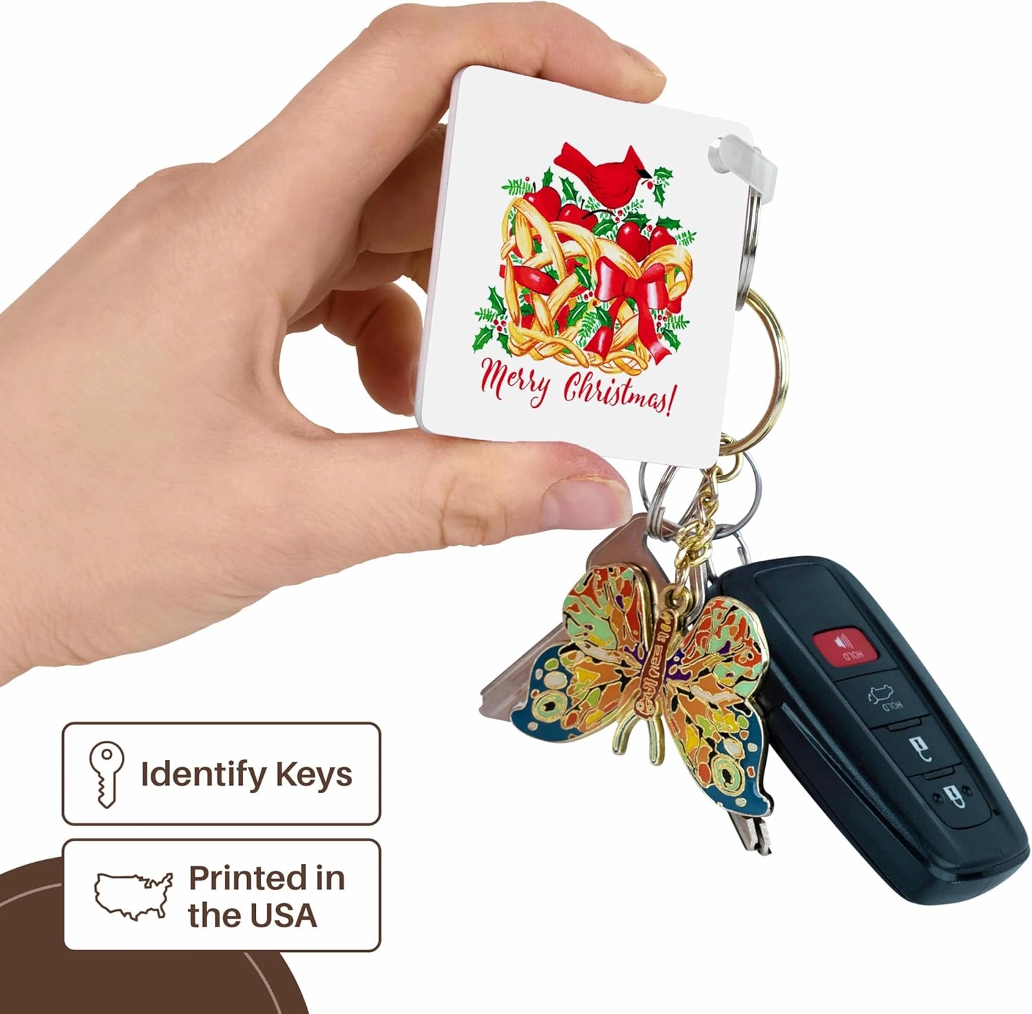 3dRose, Merry Christmas- Red Cardinal with Holly on Fruit Basket, Key Chain