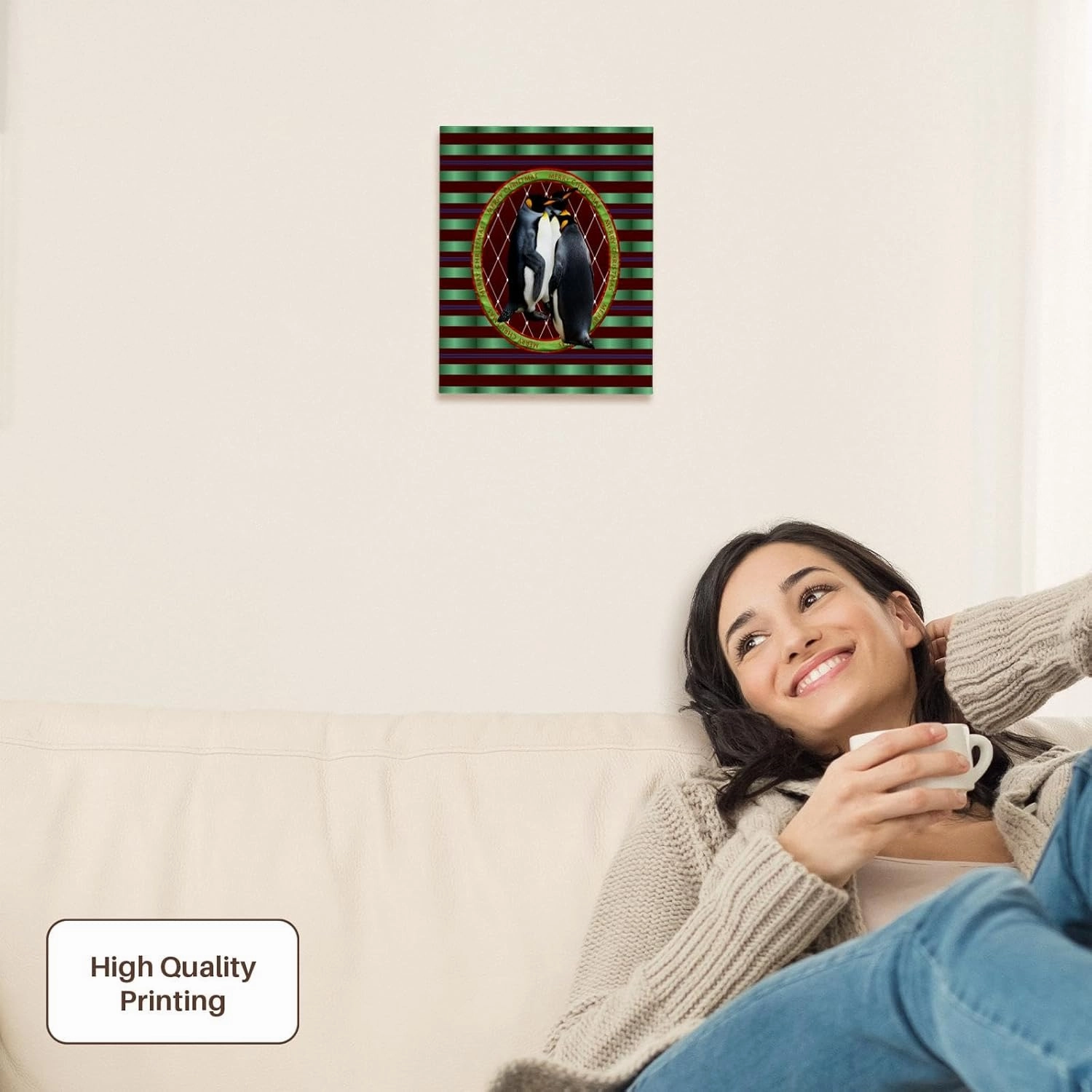 3dRose, Penguins, Circle Merry Christmas Frame, Red Quilt Look, Green Stripes, Museum Grade Canvas Wrap 8x10