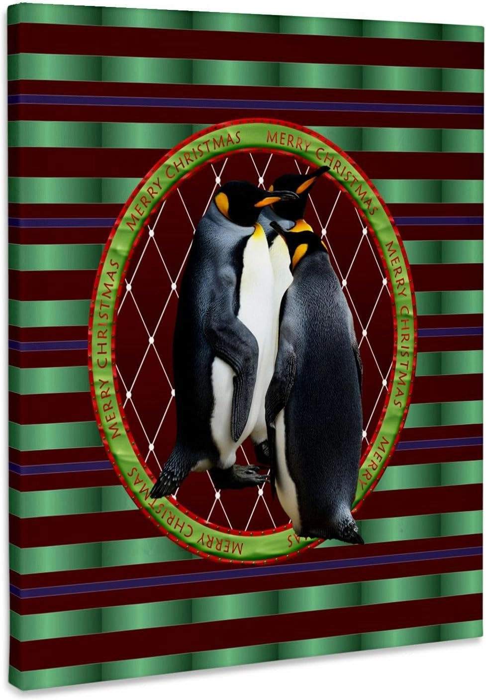 3dRose, Penguins, Circle Merry Christmas Frame, Red Quilt Look, Green Stripes, Museum Grade Canvas Wrap 8x10