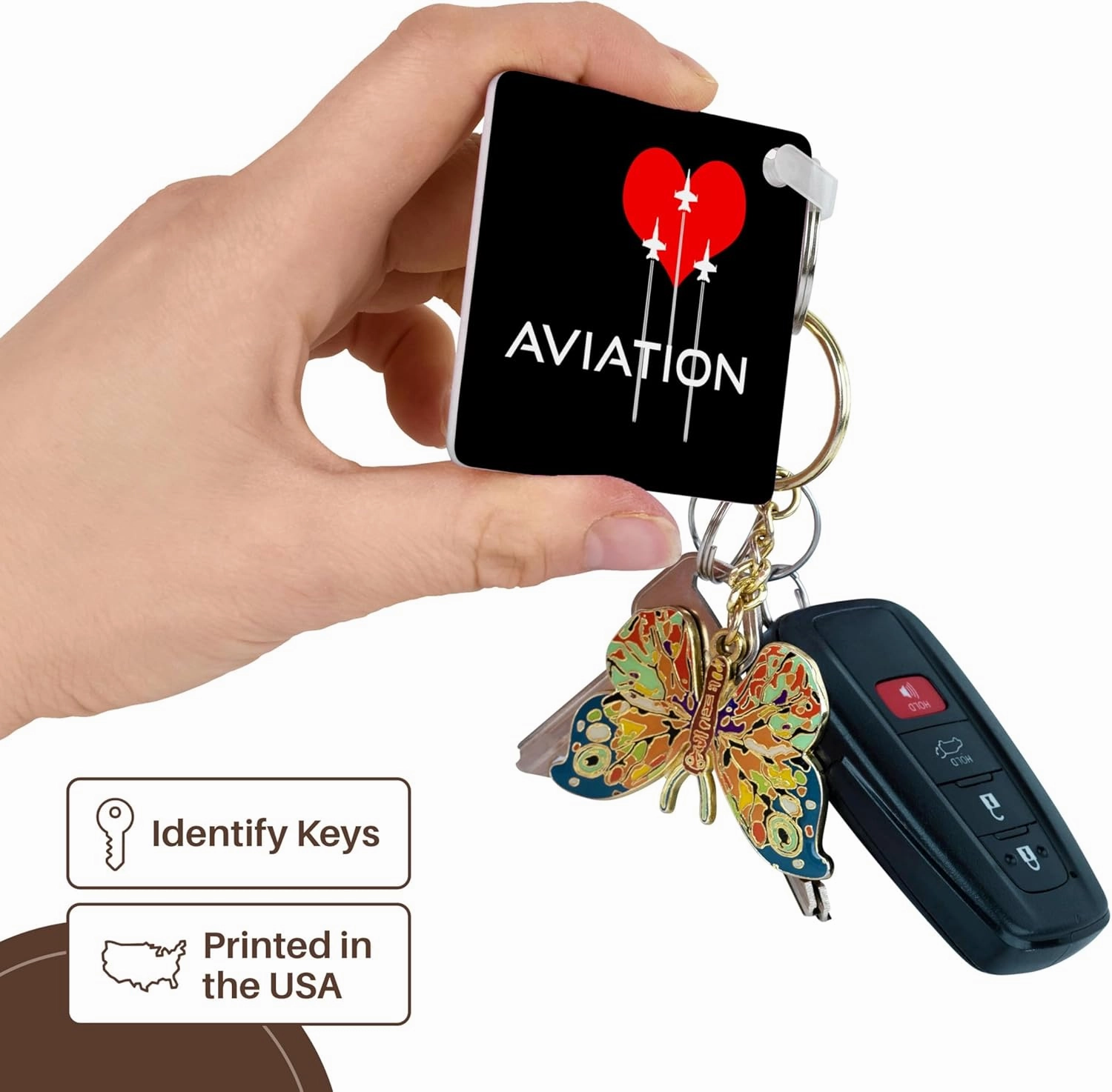 3dRose, Red heart, three fighter planes, contrails. Text Aviation on black, Key Chain