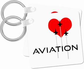 3dRose, Red heart, three fighter planes, contrails. Text Aviation on white, Key Chain
