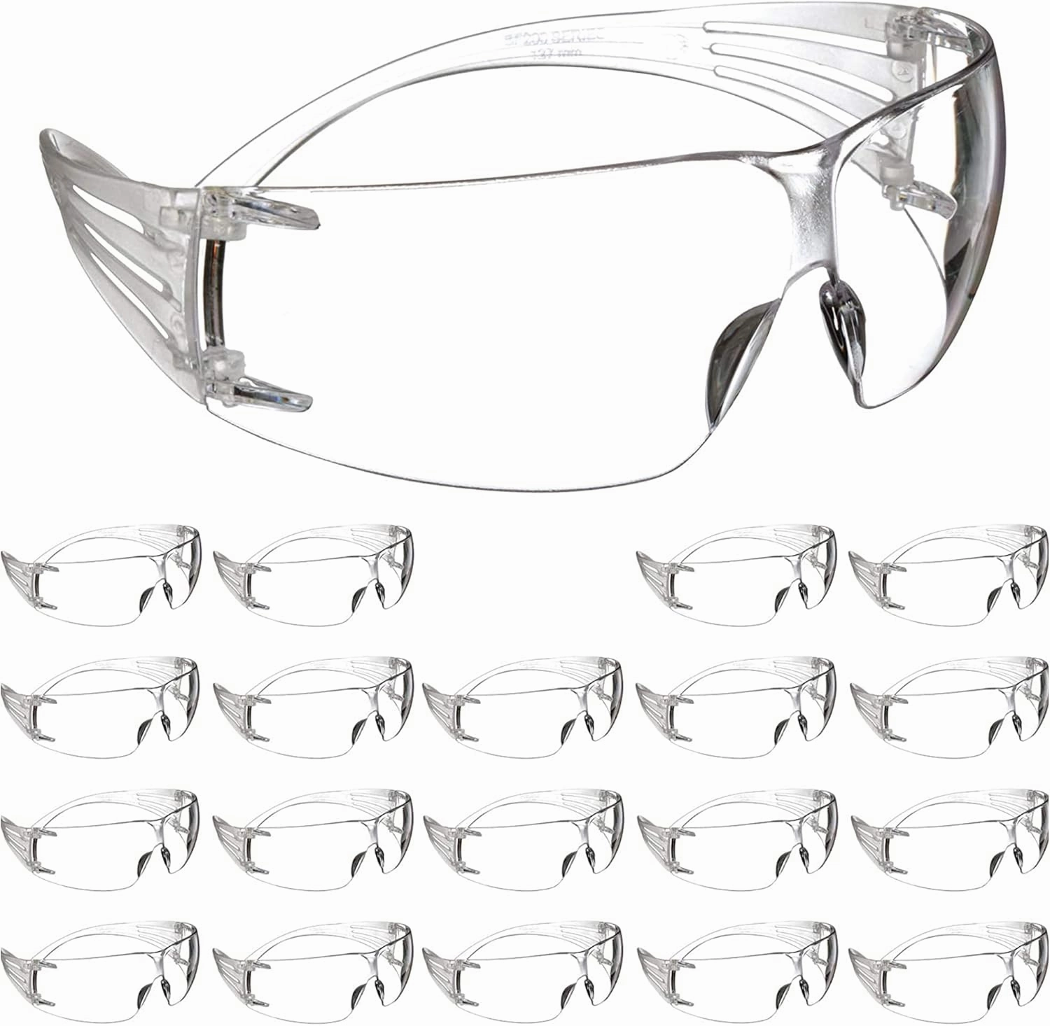 3M Safety Glasses, SecureFit, 20 Pack, ANSI Z87, Anti-Fog Anti-Scratch Clear Lens, Clear Frame, Flexible Temples