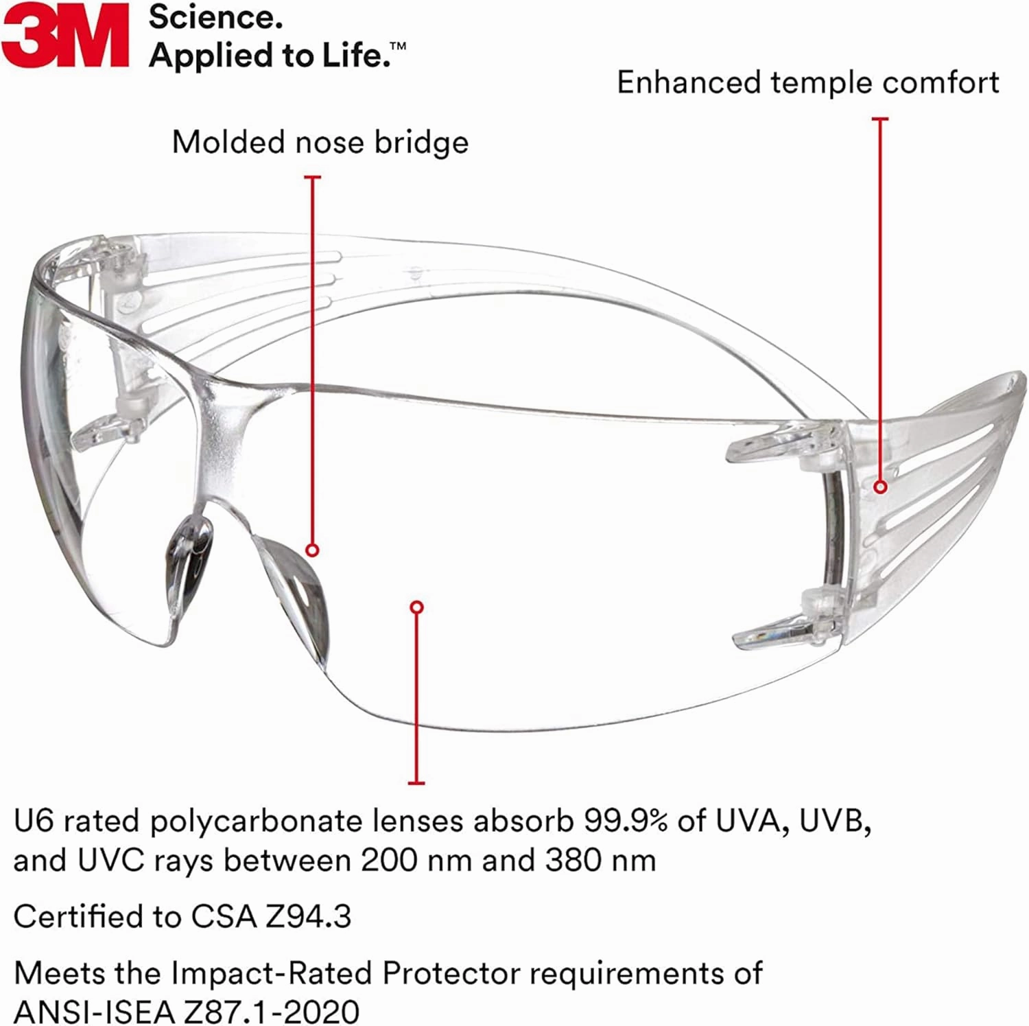 3M Safety Glasses, SecureFit, 20 Pack, ANSI Z87, Anti-Fog Anti-Scratch Clear Lens, Clear Frame, Flexible Temples
