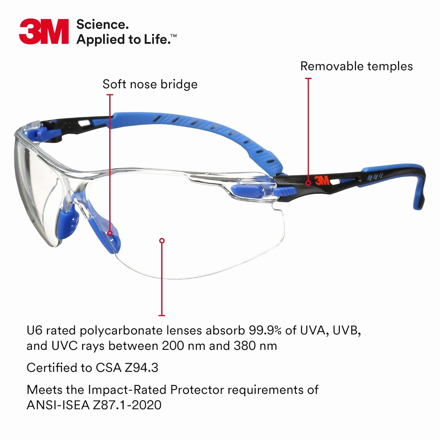 3M Safety Glasses Solus 1000 Series ANSI Z87 Scotchgard Anti-Fog Clear Lens Low Profile Blue/Black Frame
