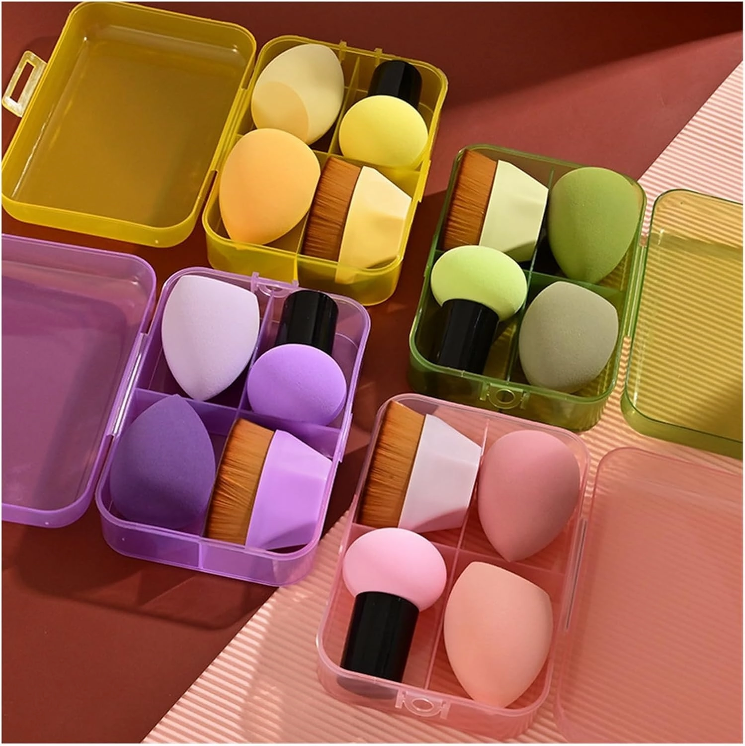 4PCS Pink/Red Cosmetics Makeup Brushes #55 Foundation Brush with Sponge Beauty Egg Slanted Powder Puff Beauty Tool Makeup Kit(Green)