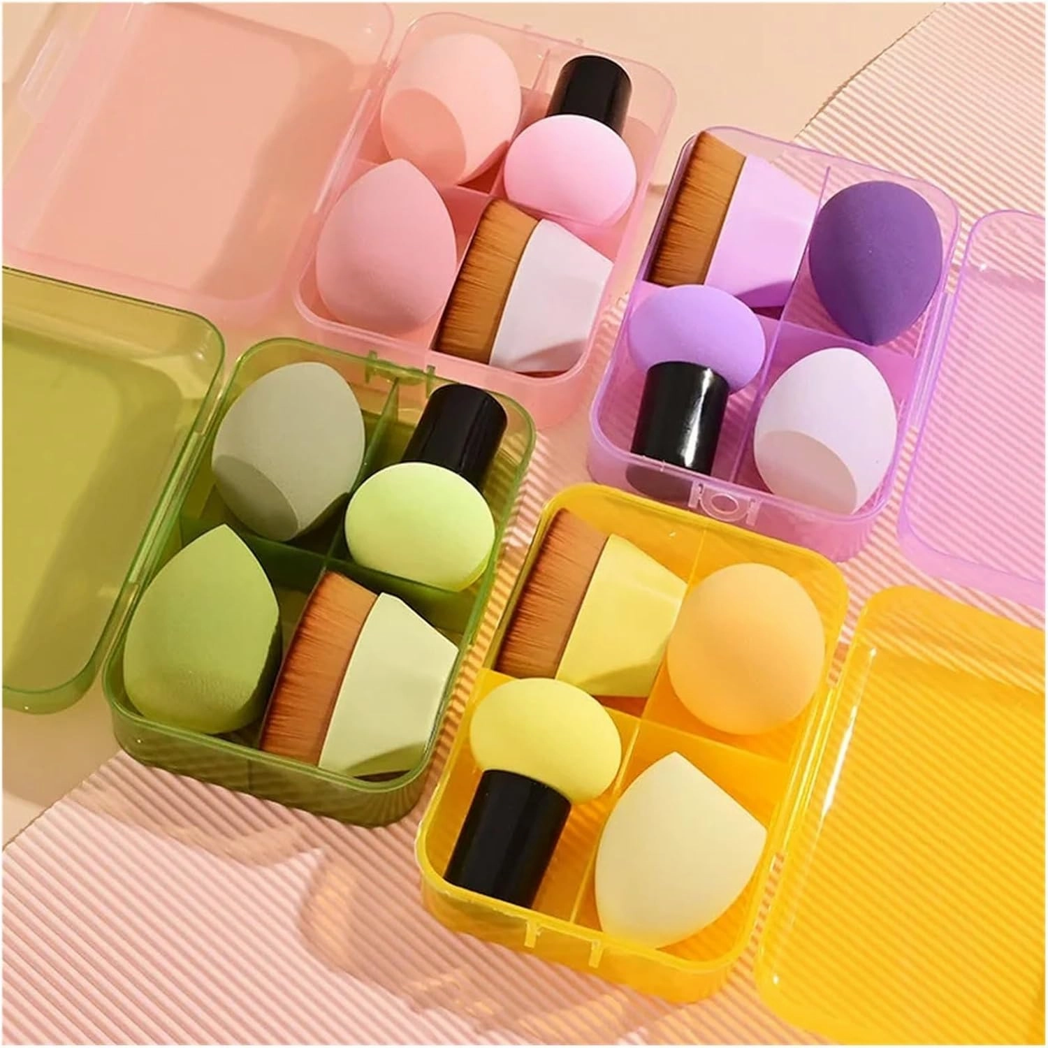 4PCS Pink/Red Cosmetics Makeup Brushes #55 Foundation Brush with Sponge Beauty Egg Slanted Powder Puff Beauty Tool Makeup Kit(Green)
