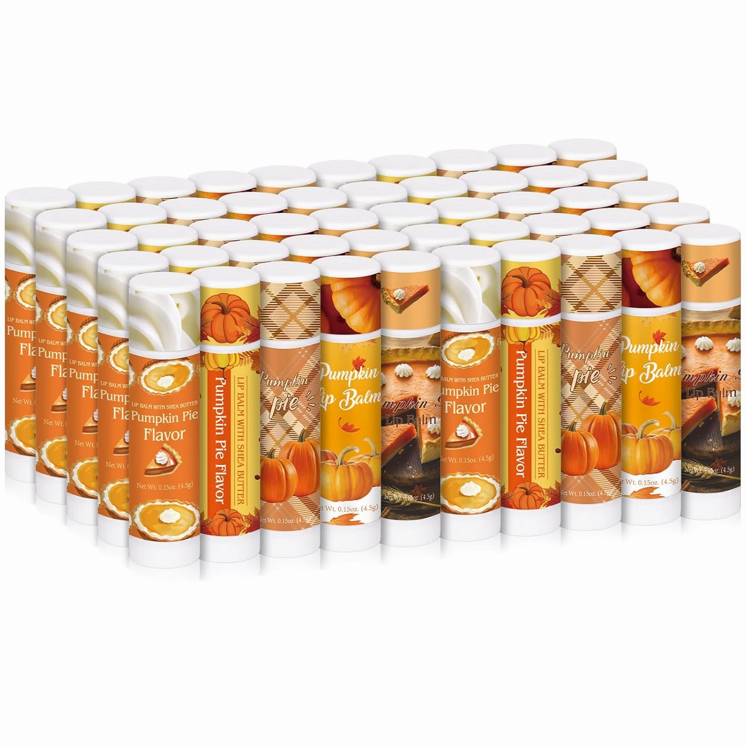 50 Pcs Fall Pumpkin Pie Lip Balms Bulk 5 Styles Halloween Pumpkin Flavor Lip Balm Thanksgiving Autumn Scented Moisturizing Lipstick Fall Theme Favor for Women Men Employee Autumn Gifts