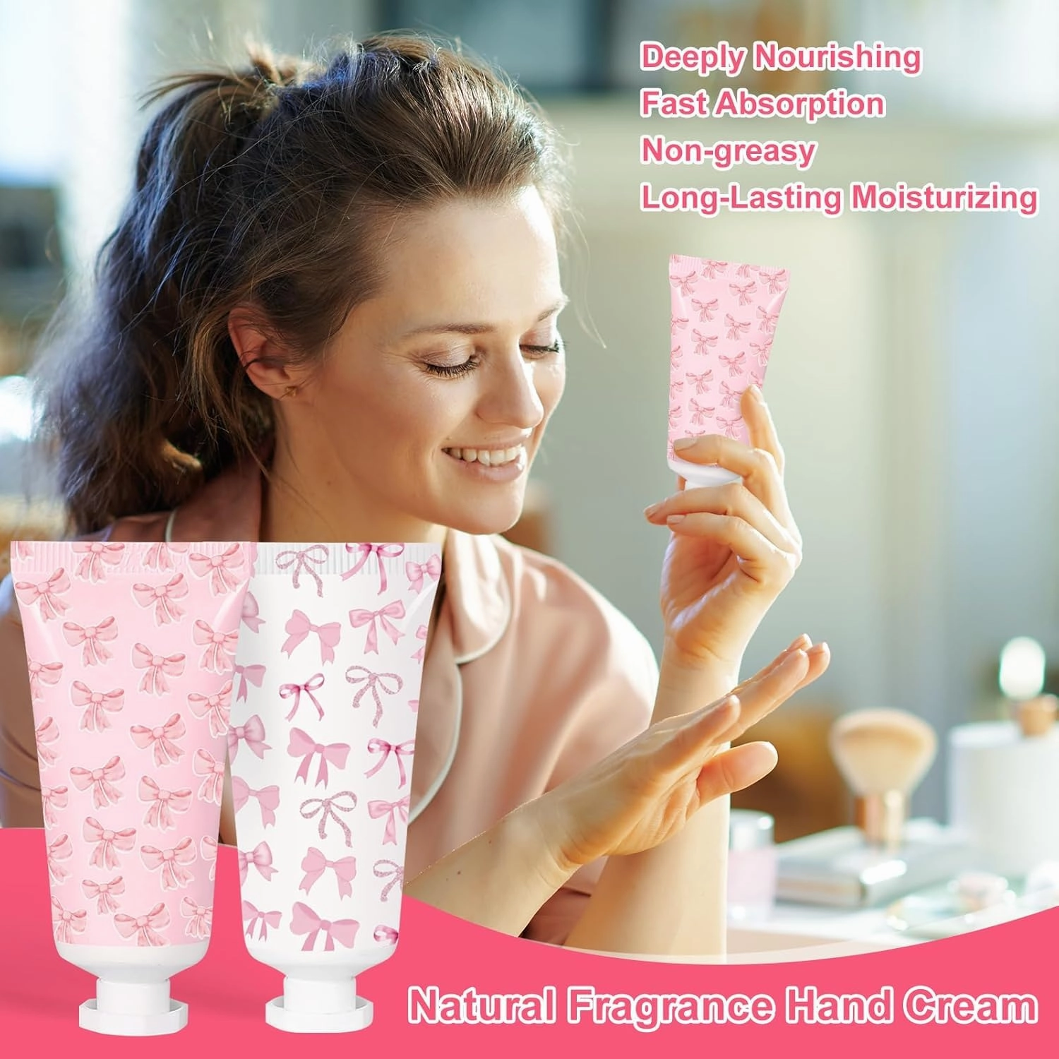 50 Pcs Pink Bow Hand Cream Gifts Bow Hand Cream Bulk Bachelorette Figure Hydrating and Soothing Hand Lotion for Wedding Bridal Engagement Baby Shower Stuffers Party Guest Favors
